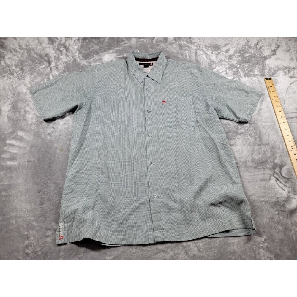 Vtg Y2K Quiksilver Button Up Shirt Short Sleeve Mens Medium Gray Check‎ Casual